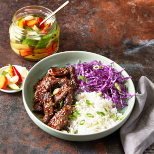 Beef Bulgogi Bowl with jasmine rice